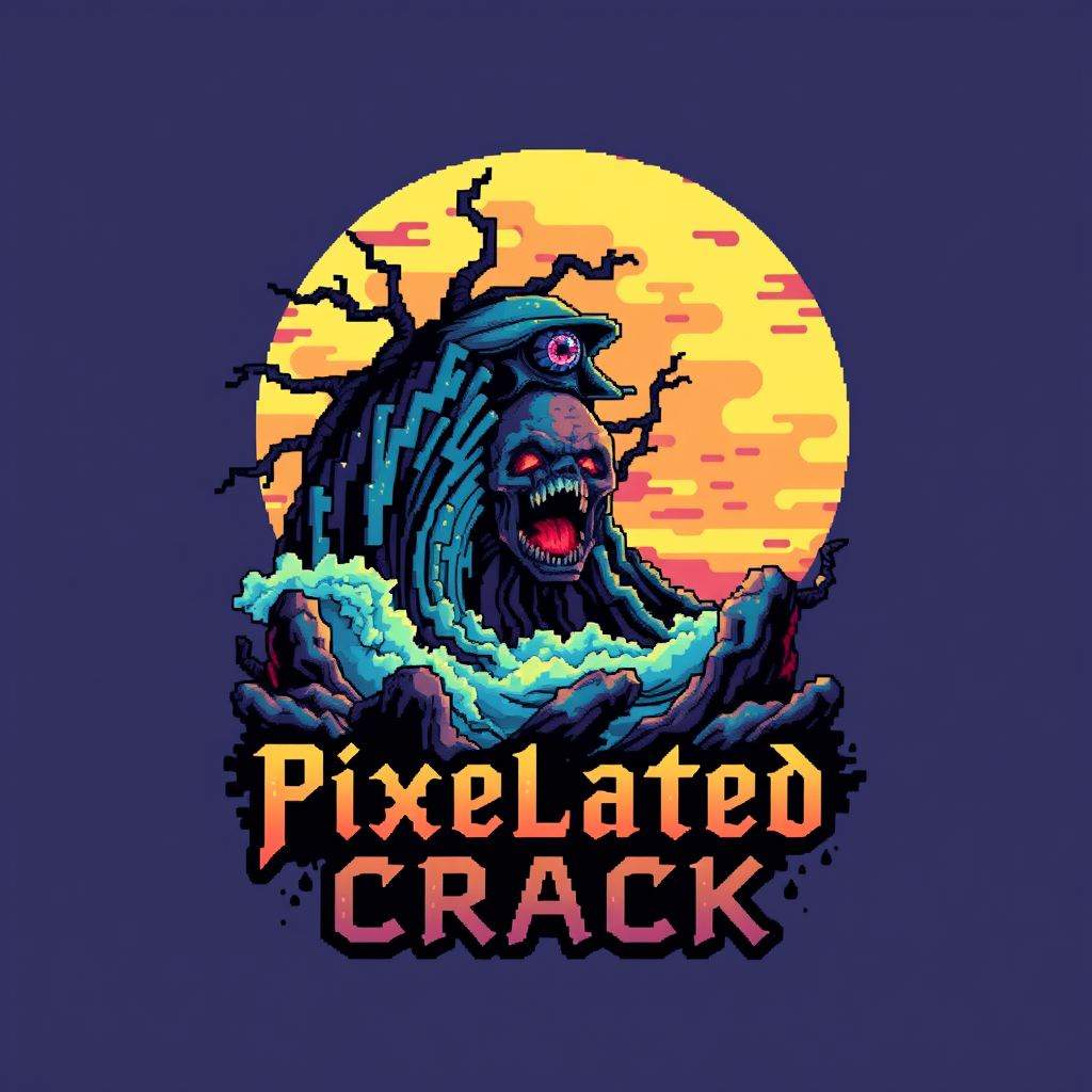 T-shirt design featuring a blocky, colorful 8-bit style of death metal blended with chiptune. The visual should be unique and striking, yet macabre combined with beauty. The band name is "Pixelated Crack," with a scene inspired by the deep sea. - Image