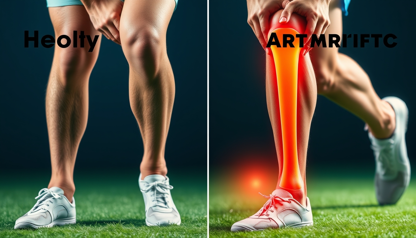 Vibrant image of healthy vs arthritic knees, symbolizing resilience, healthy knees, arthritic discomfort, resilience, struggle.