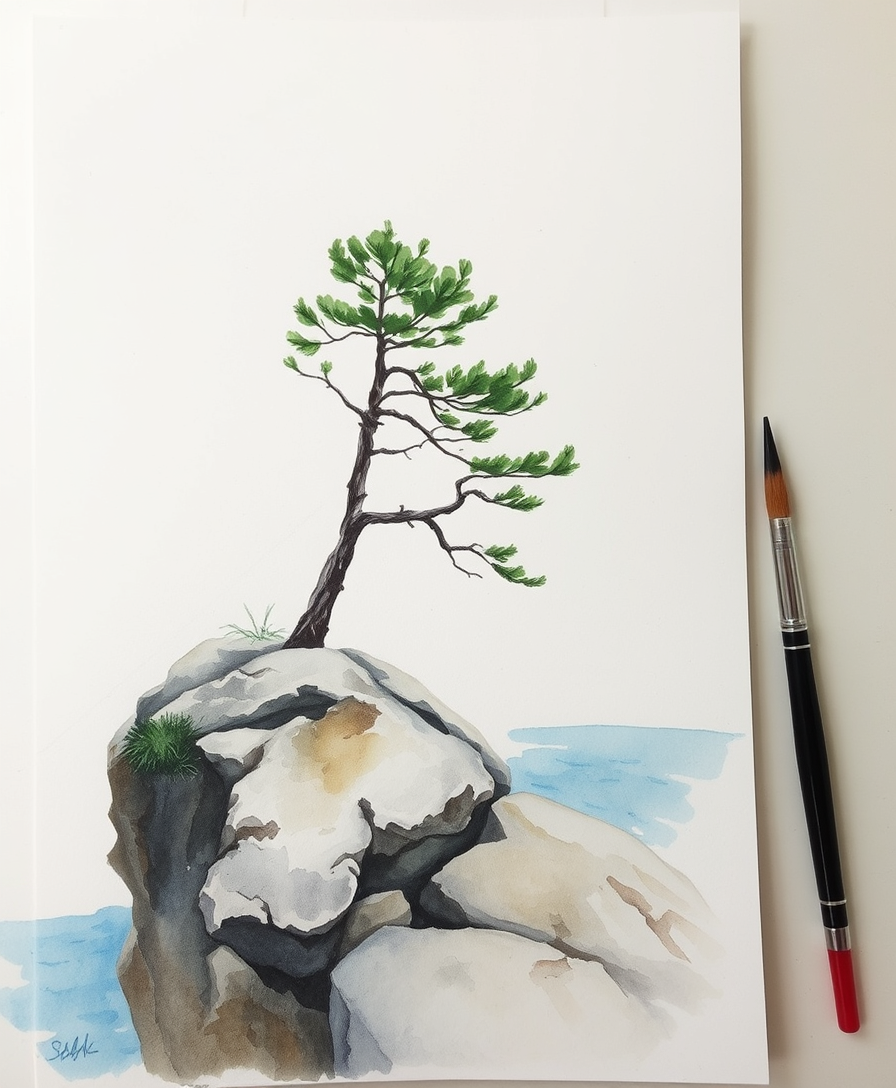 Crimea pine tree on a rock above the sea, wet on wet watercolor painting.