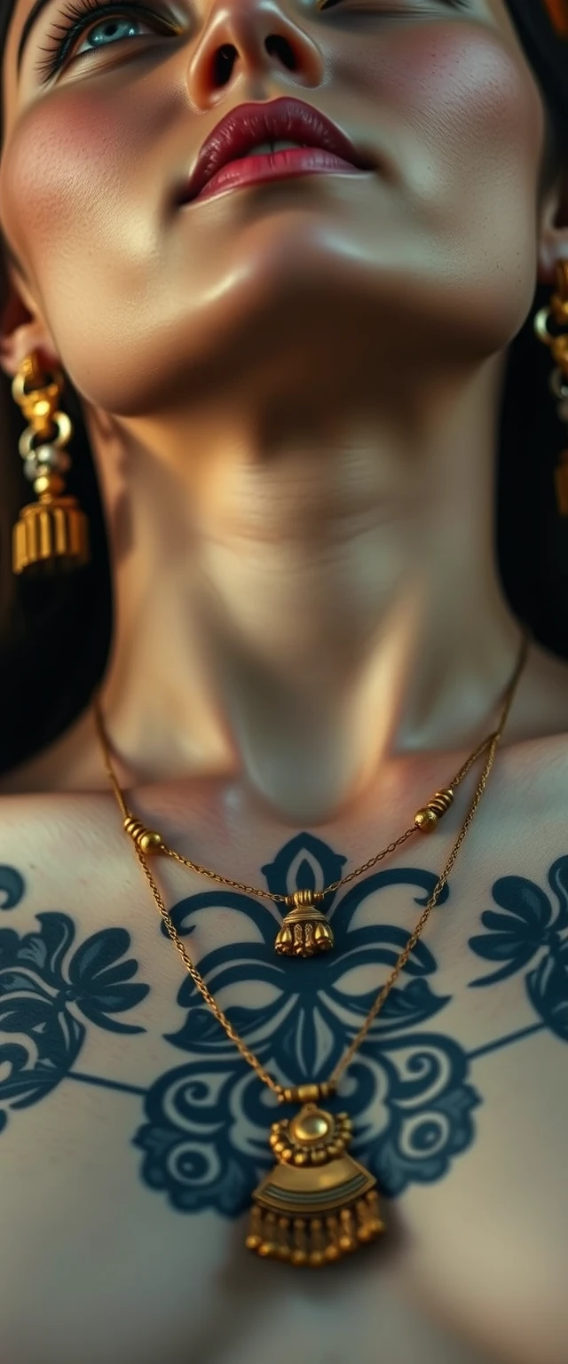 Close-up view of the tattooed chest of a Korean Indian woman with white skin, beautiful facial features, and blue eyes, wearing gold ornaments and looking upwards.