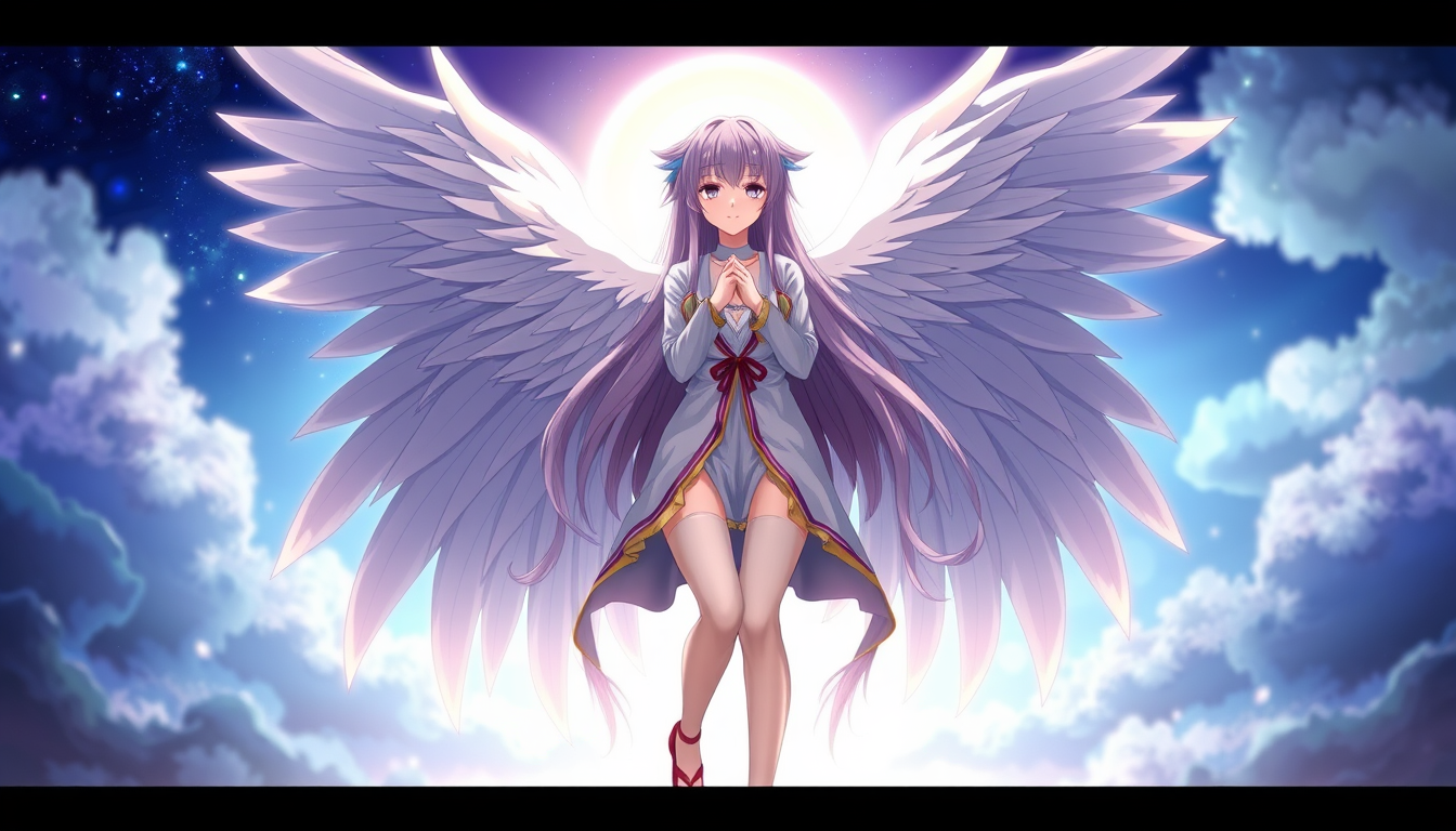 Anime art of a motherly angel with huge wings, long hair, clothes, natural reflective, detailed body, standing, wallpaper anime background, stunning details, anime artwork, illustration quality, windows wallpaper download. - Image