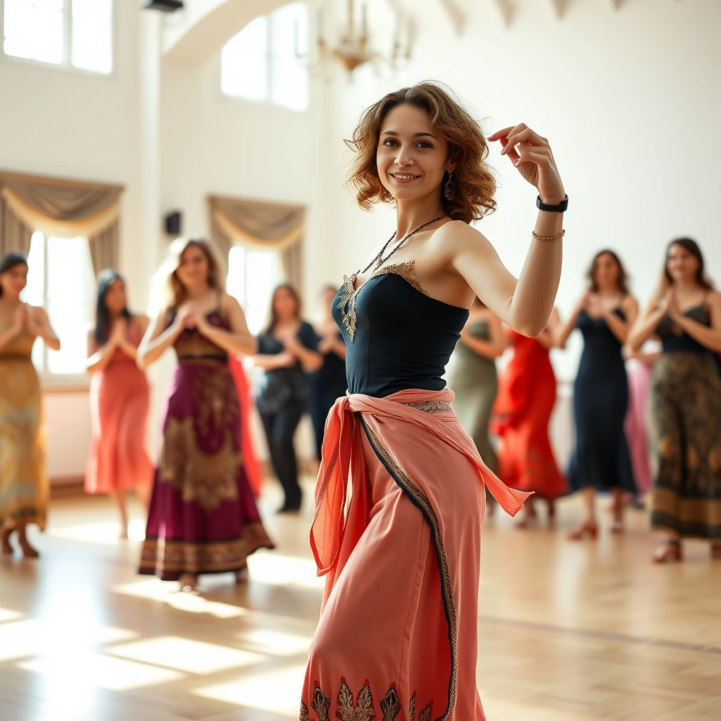 Generate an image of a slender eastern-looking girl weighing 65 kilograms with shoulder-length curly hair, teaching oriental dance in a hall where only women are dancing. The room is quite spacious, full of light, and everyone is joyful. This girl is Caucasian, possibly Ossetian, Armenian, or Georgian; it’s hard to tell, she could also be Azerbaijani. - Image