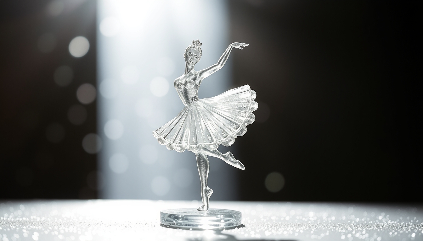 A delicate glass sculpture of a dancing ballerina, surrounded by shimmering light.