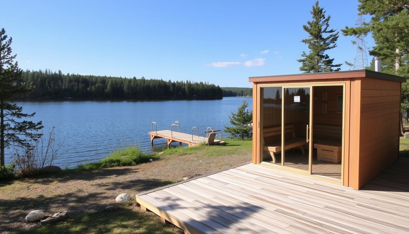 A peaceful lakeside retreat with a glass-fronted sauna overlooking the water. - Image