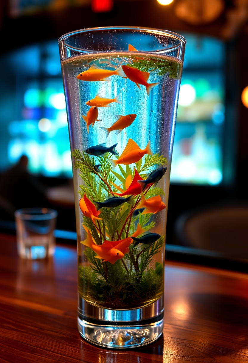 When I drink this cocktail, I feel like I am drinking a whole ecosystem. Colorful creatures swim in its tall crystal clear glass. The backlight in the pub makes them so much more interesting.