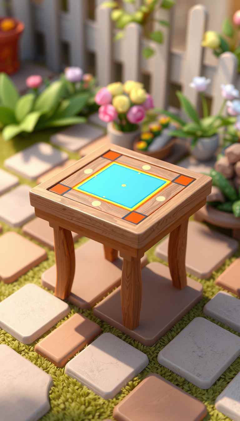 The image presents a 3D rendering of a small table. The game table, made of wood, is the central focus of the image. It is a square table with legs, the top has multicolor border and the middle part is aqua blue. The background is garden, the overall mood is playful, suitable for digital game art. - Image