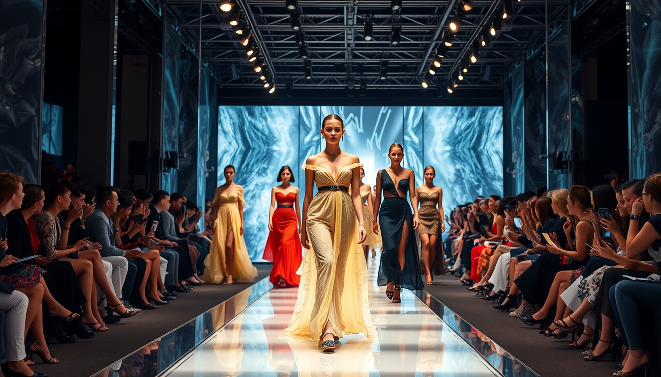 A high-end fashion show with models walking down a glass runway. - Image