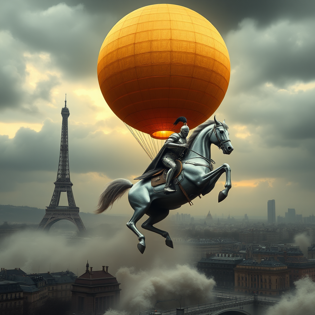 A giant perfect gold sphere with a fiber texture floats above in the sky, supported by a giant flame beneath it, elevating the sphere like a hot air balloon. It drifts over vintage Paris in the style of the 1900 Universal Exhibition, showcasing a retro-futuristic aesthetic of the Eiffel Tower. Giant waves flood the city as a knight of the apocalypse rides a silver mechanical horse clad in silver armor, galloping and slicing through the water under a stormy sky. It is doomsday, the apocalypse, with elements of steampunk, backlighting, mist, and fiery embers creating a perspective that combines pop rock, fluorescent collage, sci-fi steampunk machinery, extra dust particle clouds, octane rendering, and paper art ink from Méliès and Jules Verne. - Image