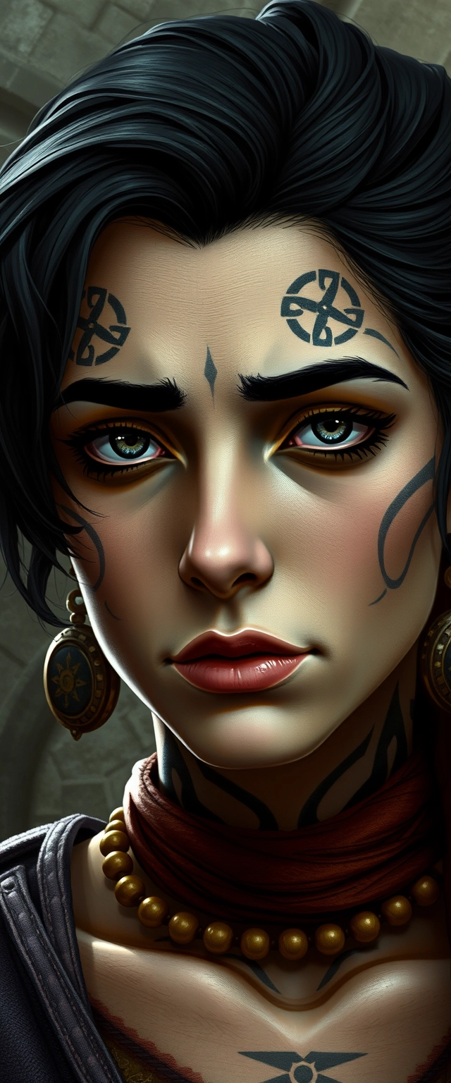 Close-up shot of Evelyn from Baldur's Gate as a real Persian woman having face and neck tattoos, a sad face, short hair, and lip gloss.