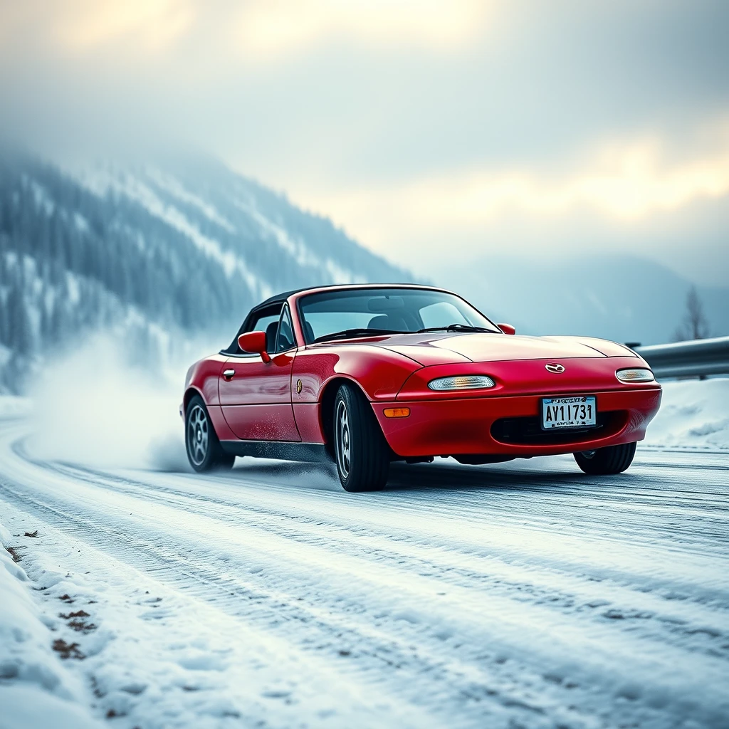 Create an image of a 1991 Mazda MX-5 drifting on a snowy mountain road.