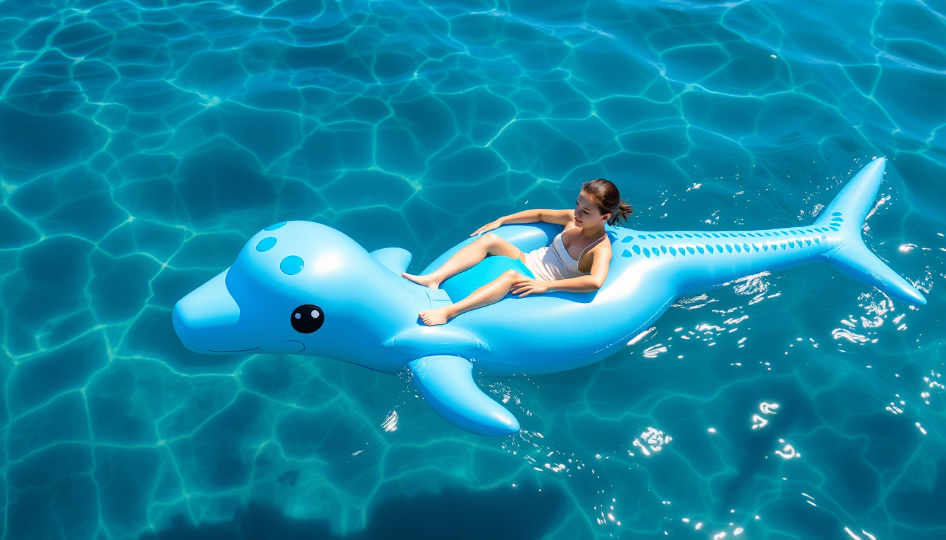 Lapras inflatable float for swimming, teen float on it, sea is clear and blue, with awesome reflection.