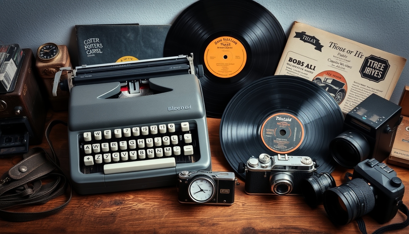 A nostalgic still life of old-fashioned items like a typewriter, vinyl records, and vintage cameras, arranged artfully on a wooden surface.