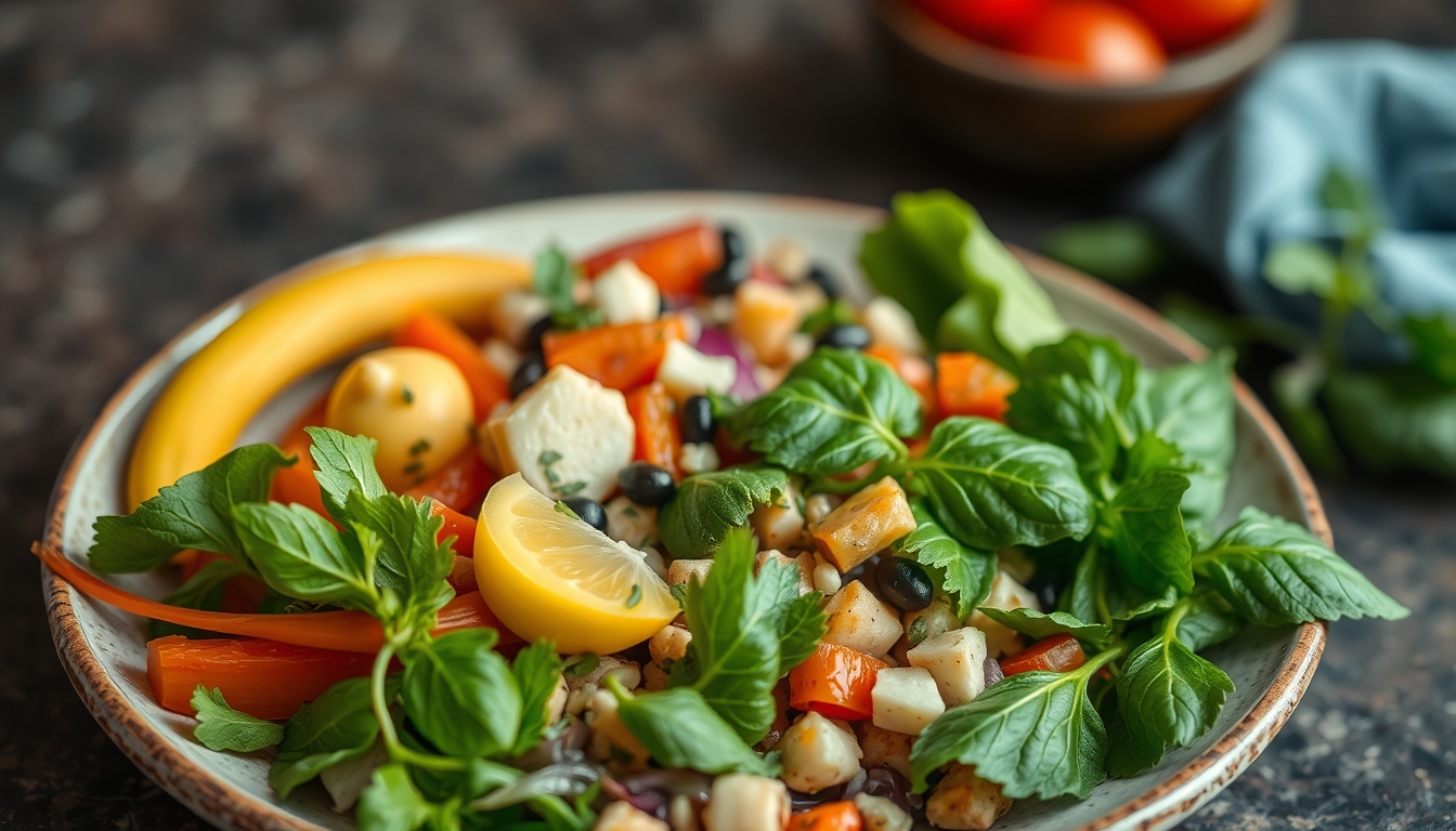 A beautifully composed shot of a healthy, plant-based meal, with vibrant colors and fresh ingredients arranged on a ceramic plate.