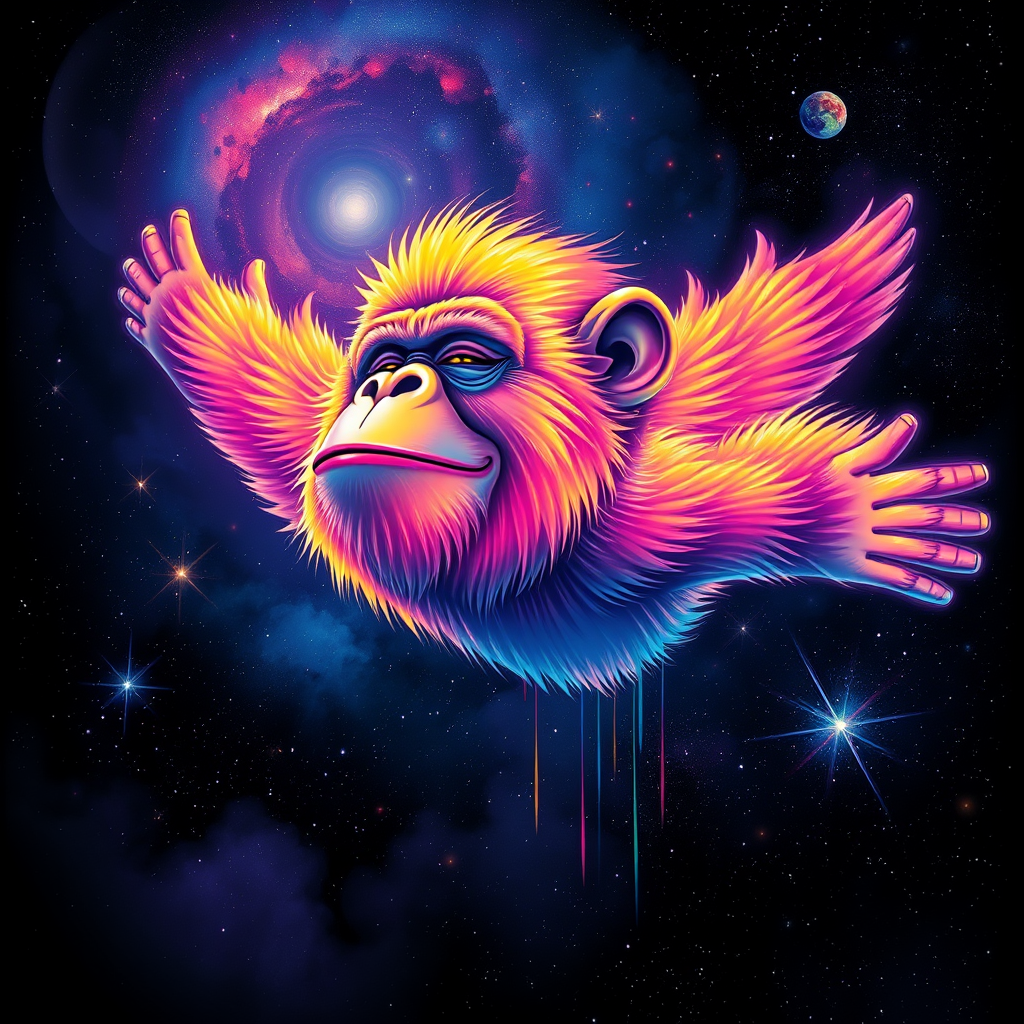 A captivating digital painting of a happy ape soaring through a dreamy, cosmic landscape. The ape sports a vibrant rainbow color palette, with flashes of color interspersed throughout the scene. The background features a starry cosmos with swirling galaxies and nebulas. The ape's eyes are closed, exuding a serene expression, while its serene smile is a testament to its peaceful state. The glitchy edges, fading to black, add a unique and striking touch to the design. The subtle acid rainbow cubic glitch effect adds depth and visual intrigue to this mesmerizing, dreamy tee shirt design.