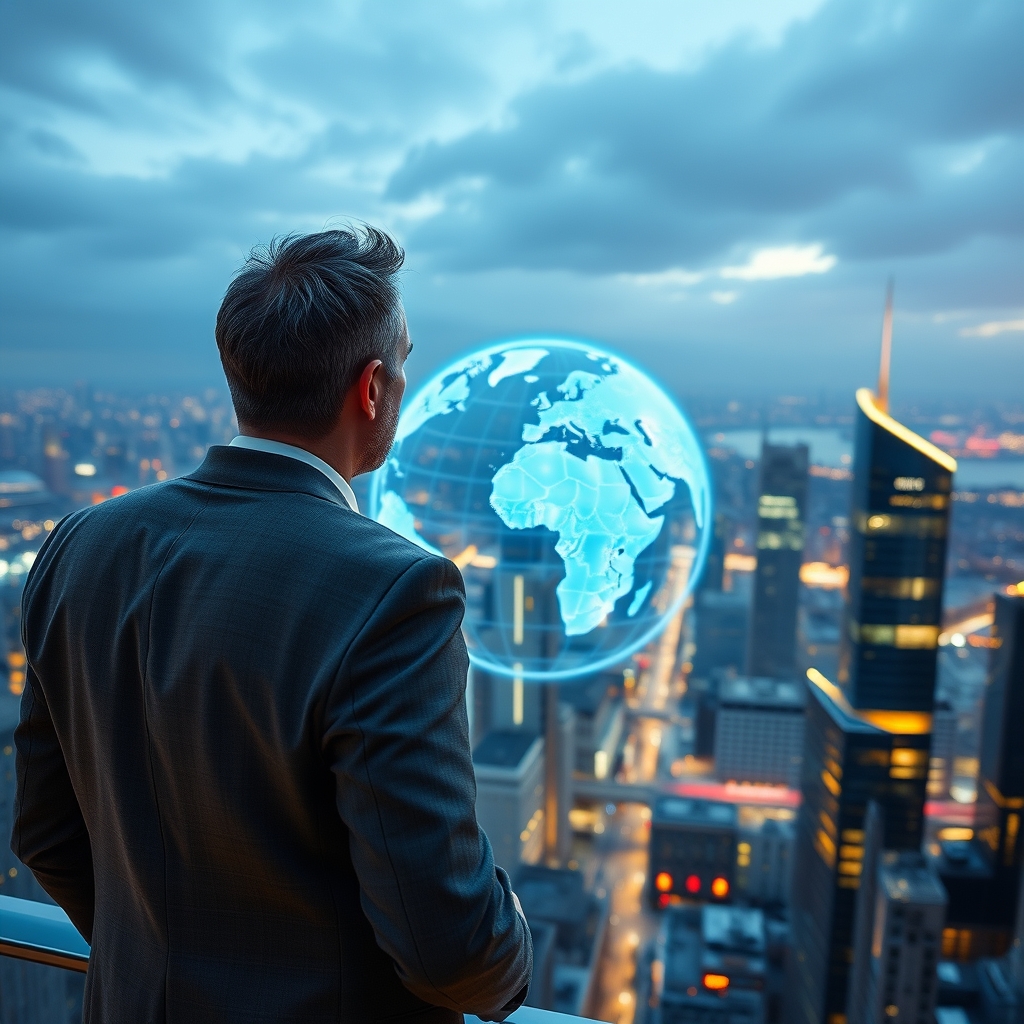 Futuristic businessman overlooking cityscape with digital globe hologram in background.