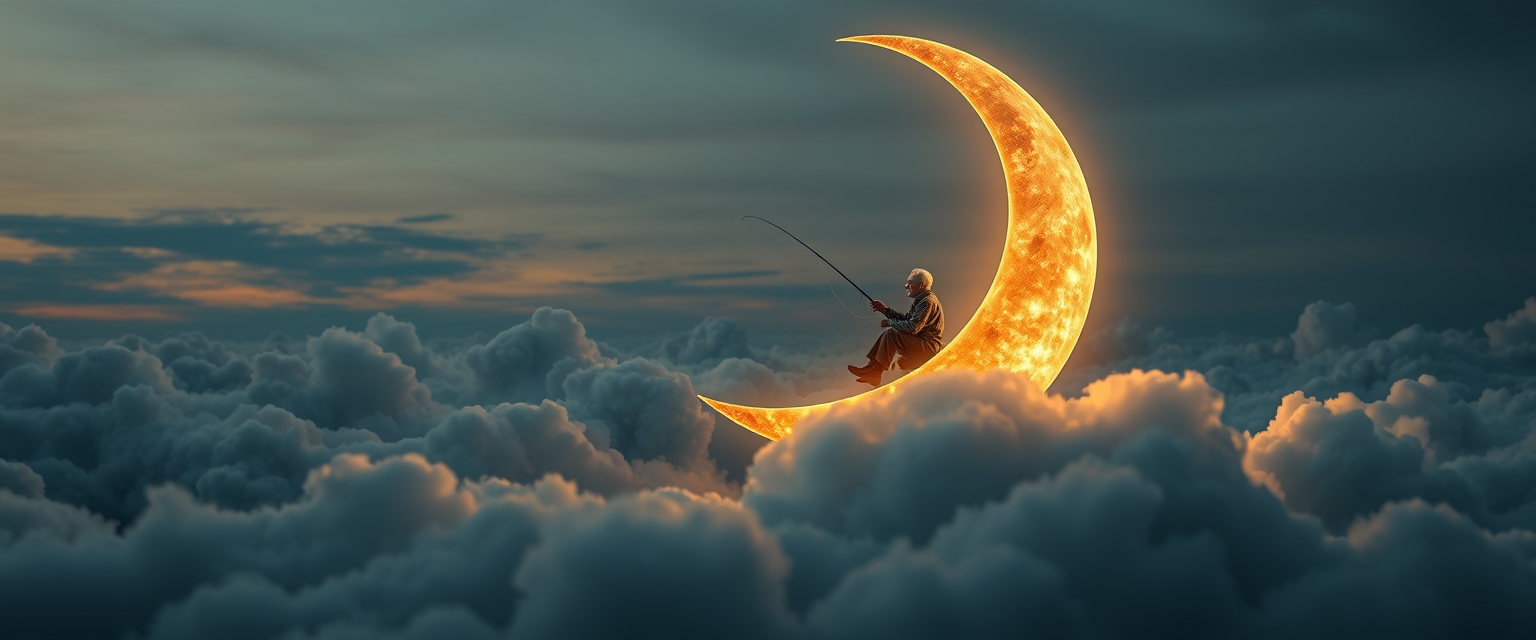 An old man sits serenely on a crescent moon, fishing among the clouds. The scene has an evening, tranquil atmosphere. It’s dreamy and whimsical. Deep depth of field, photography, National Geographic photo, hyper-realistic, 16k resolution, masterpiece, award-winning artwork, many details, extremely detailed, full of details, wide range of colors, high dynamic. - Image