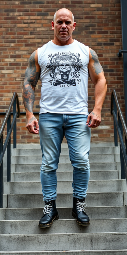 Portraying a behemoth of a man, this portrait captures a 60-year-old muscular skinhead standing tall on concrete stairs. His bald head gleams against the light-skinned complexion, while the white t-shirt with a black and white graphic print stands out against his robust physique. Tattooed arms flex beneath the sleeveless shirt, adorned with intricate designs that dance across his skin. Tight bleached denim trousers emphasize the muscular legs, which are further accentuated by knee-high Dr. Martens boots with white laces. Against the rugged backdrop of a brick wall and metal handrails, this imposing figure exudes industrial grit. - Image