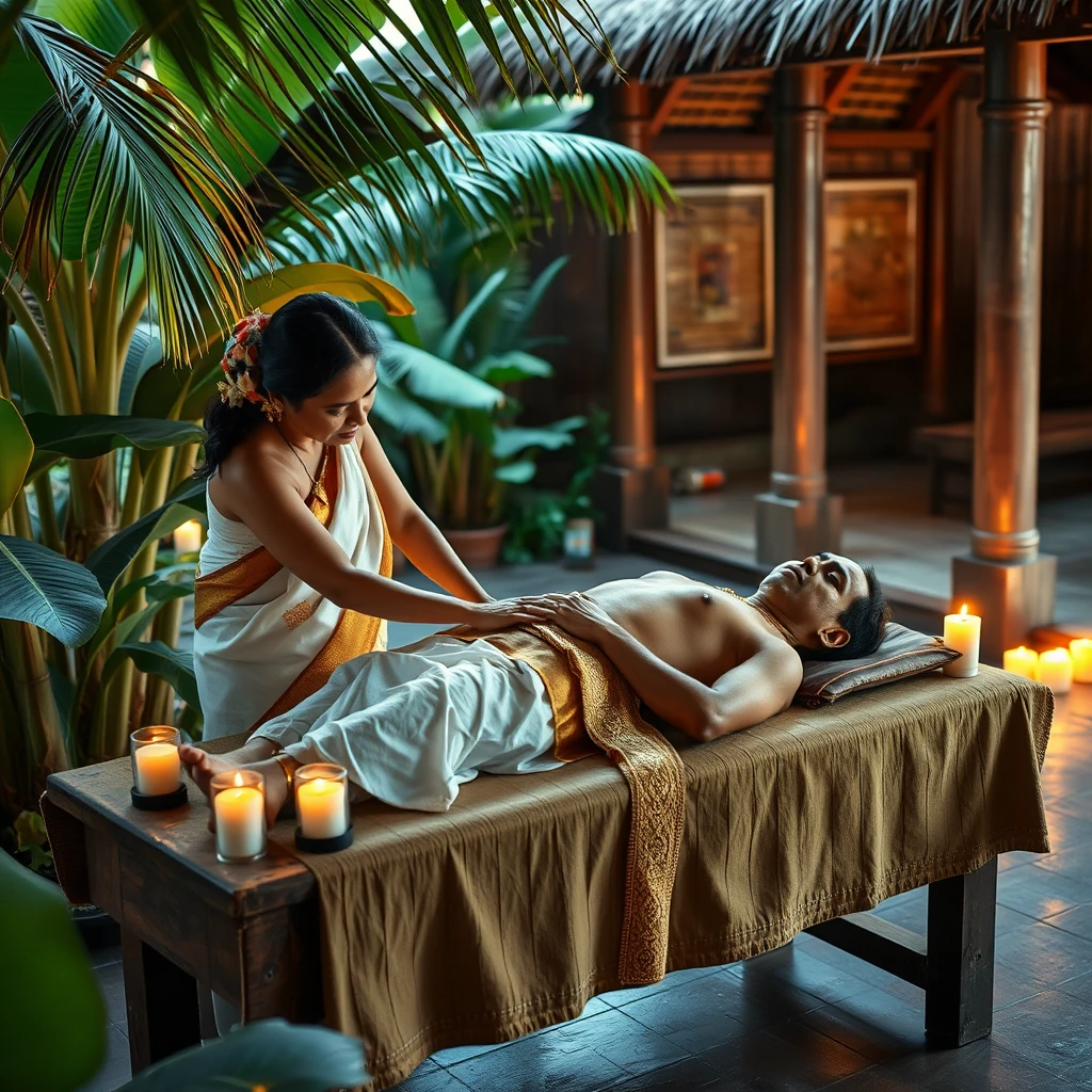 Create an image of a serene Kerala spa scene. A traditional Kerala lady in a white and gold saree (kasavu) gently massages a Kerala man lying on a wooden table. The man wears a white dhoti and appears relaxed. The setting includes banana leaves, coconut trees, and soft candlelight, with traditional Kerala architecture like wooden pillars and a thatched roof in the background. The lighting is warm and soft, emphasizing a peaceful, authentic atmosphere.