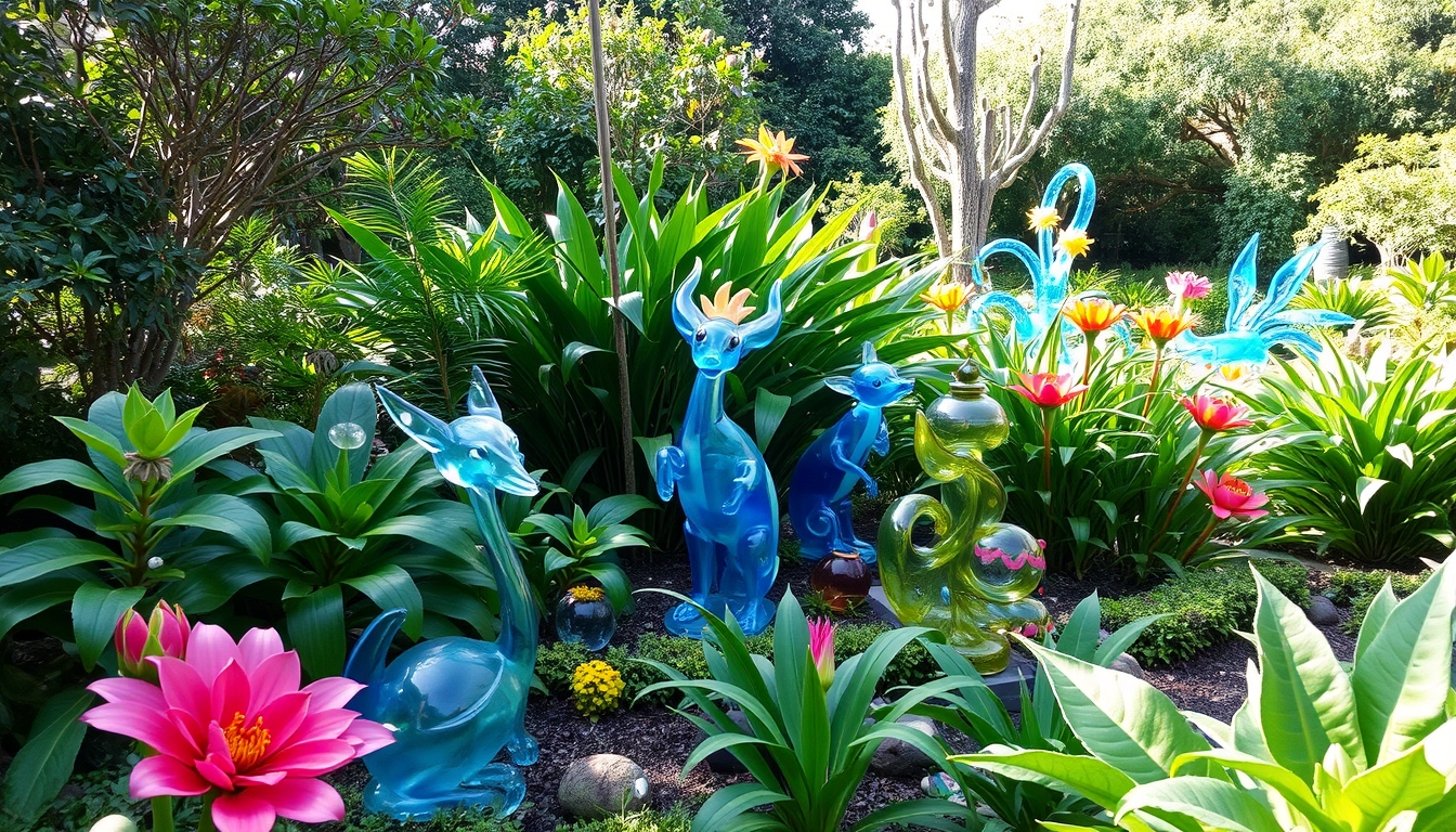 A serene garden with glass sculptures of various animals hidden among the plants.