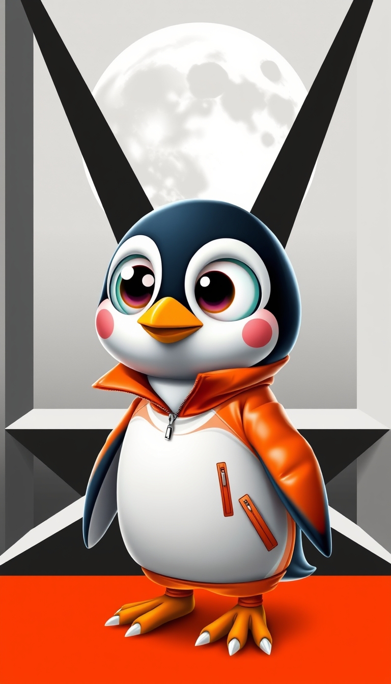 A stylized illustration of a penguin-like character wearing an orange vinyl jacket, set against a stark black and white geometric background with a large full moon. The character has large expressive eyes with colorful patterns around them, and a bold, minimalist and modern design aesthetic. The overall composition has a pop art, retro futuristic feel. Highly detailed, intricate patterns, vibrant colors. Rendered in a 3D, photorealistic style.