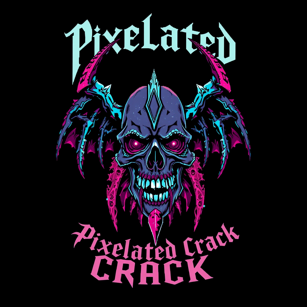 T-shirt design with a blocky colorful 8-bit style of a death metal band blended with chiptune. And the visual should be unique and striking but macabre blended with beauty, and the band name is "Pixelated Crack." - Image