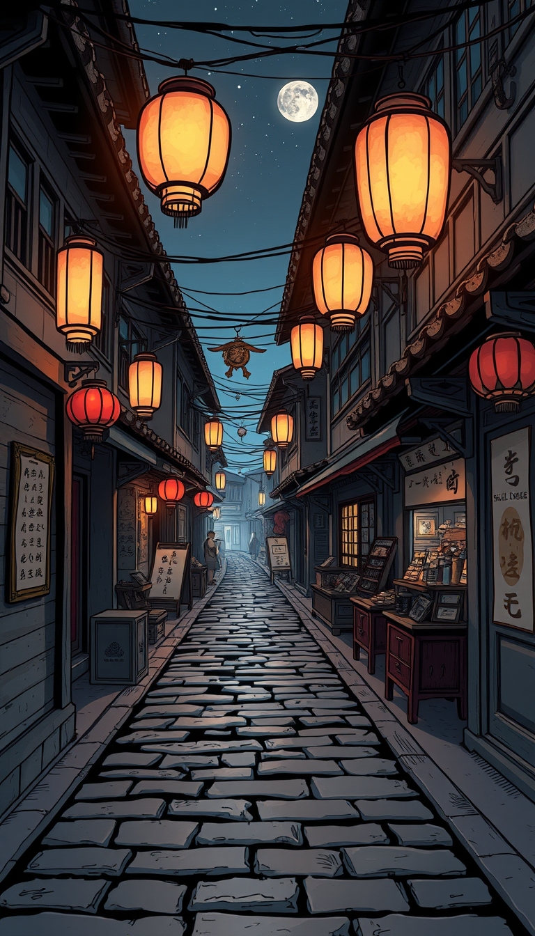 A high-resolution comic-style illustration showing an ancient street at night. Dim light highlights traditional Chinese patterns on the street and stone pavement. Old lanterns hang along the street, with small stalls and antique shops. A skill usage scene with mystical symbols and artifacts is depicted on the street or mounted on a wall. The scene is lively, traditional, and has a touch of magic. The image is in 8K resolution, flat comic sketch style, with a graphic novel aesthetic, 2D effects, and muted tones.