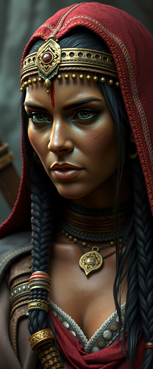 Evelyn from Baldur's Gate as a realistic Indian woman close-up.