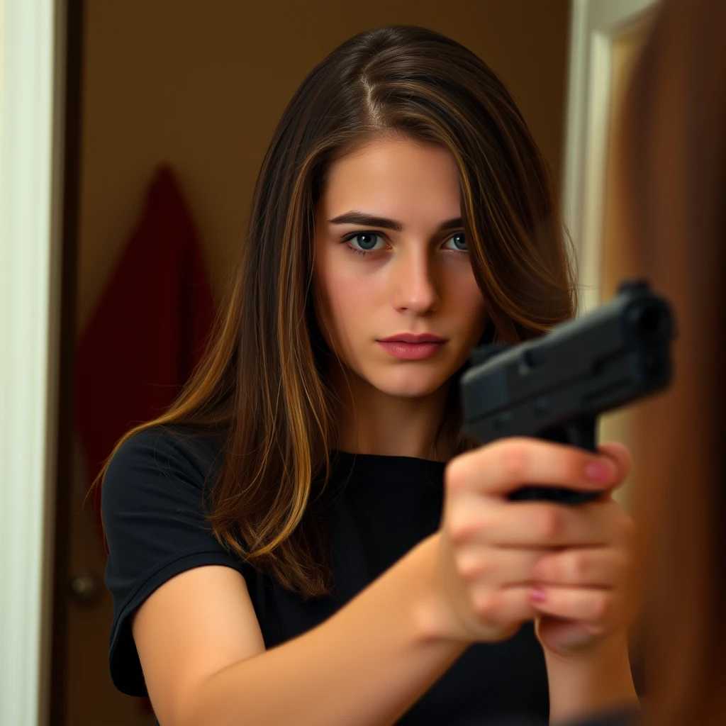 A young woman is holding a handgun while looking in the mirror.