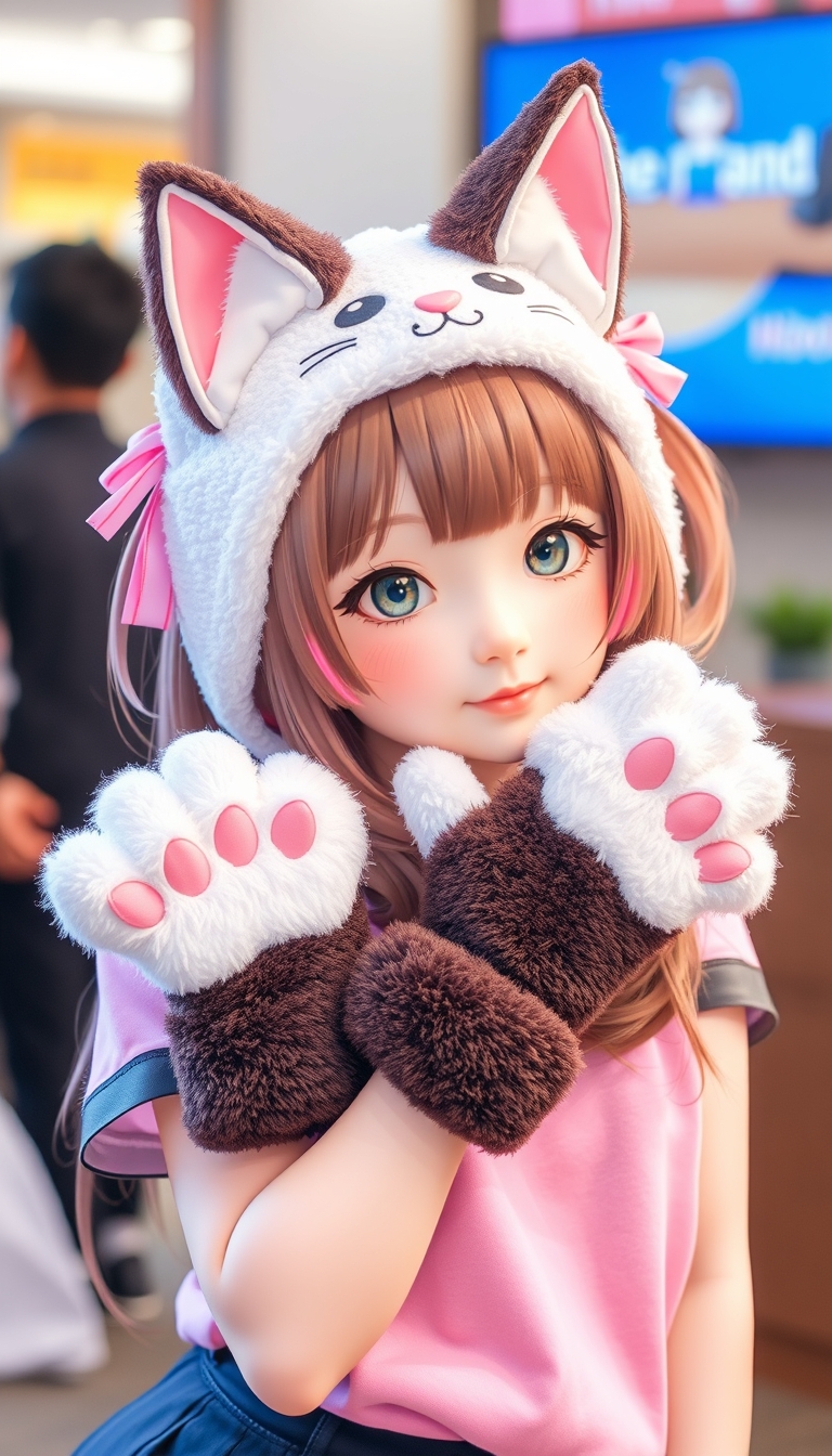 A cute girl wearing cat ears and paw gloves, posing in a nyan-nyan pose. - Image