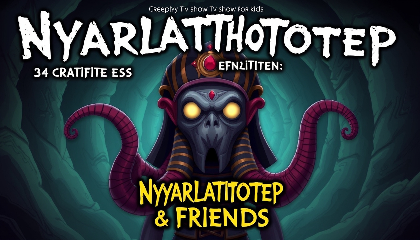 Poster for a creepy TV show for kids called "Nyarlathotep & Friends" about an Egyptian god with tentacles, vortex background.