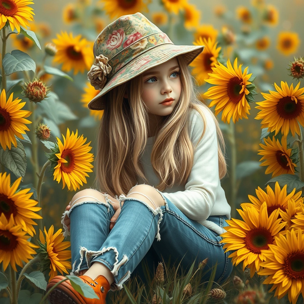 "A young girl sits among sunflowers and similar blossoms. She has long blonde hair and wears a vintage floral-patterned hat. She's dressed in torn jeans and orange shoes, surrounded by the rich colors of autumn in nature, looking thoughtful. The background is slightly blurred to focus on the girl and flowers. This image is delicately painted with digital brushes, giving it an oil painting feel."