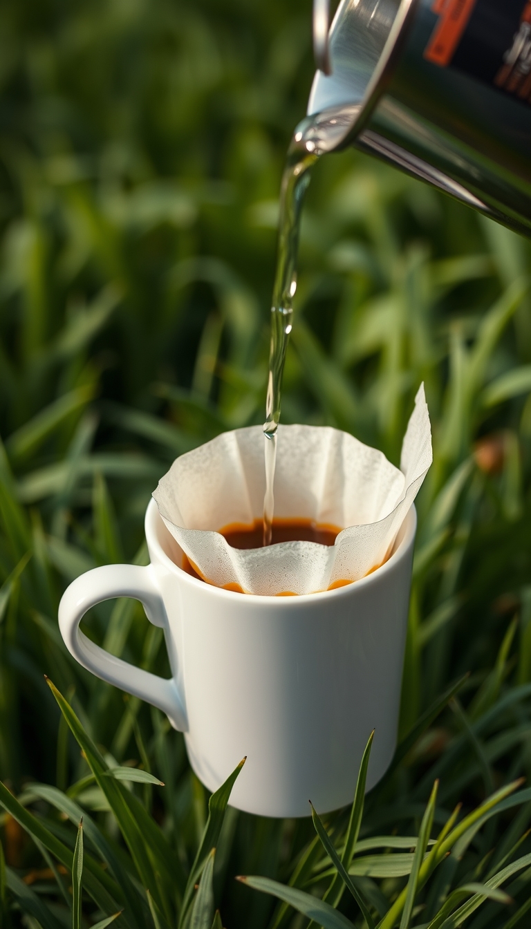 Realistic image of a pour-over coffee in a white cup with a drip filter bag, hot water being poured, set against a green field, sharp and highly detailed. - Image