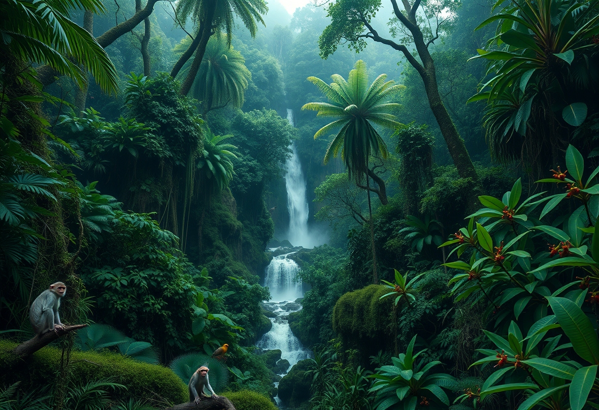 Lush, tropical rainforest, dense foliage, diverse wildlife, exotic birds, high quality, photorealistic, vibrant, breathtaking, waterfalls, misty, emerald green, ancient trees, hidden trails, untouched::0.6 monkeys, tree frogs, vibrant orchids, hanging vines, moss-covered rocks, canopies, wildlife sanctuaries. - Image