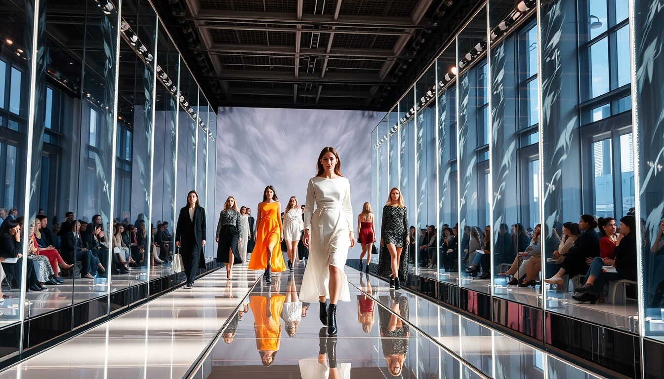 A high-end fashion show with models walking down a glass runway.