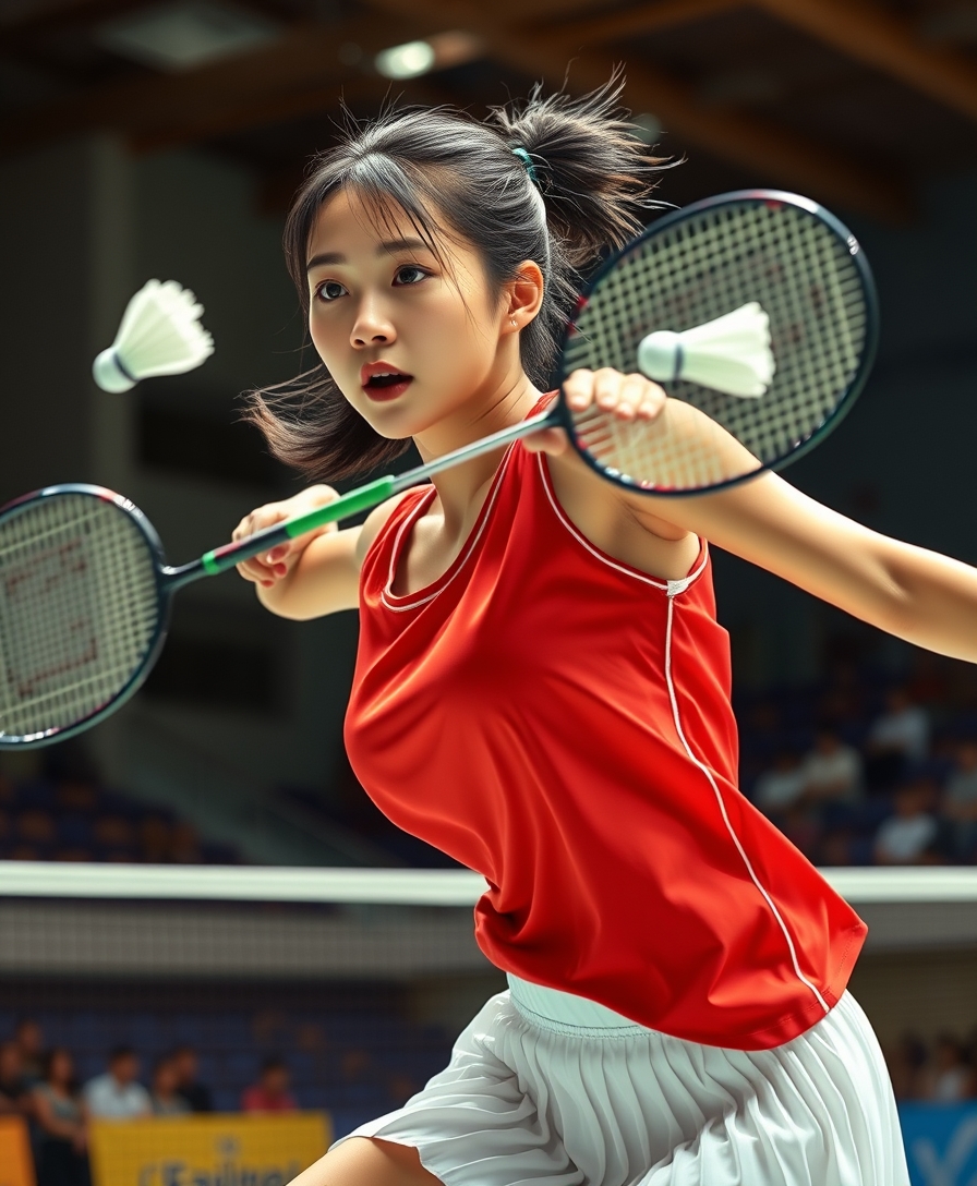 A detailed, realistic portrait of a young woman playing badminton in an indoor sports arena. The woman is wearing a bright red jersey and is mid-swing, her body in a dynamic, athletic pose as she focuses intently on the shuttlecock. The background is blurred, with glimpses of the court, net, and spectator stands visible. The lighting is natural and directional, creating shadows and highlights that accentuate the woman's features and muscular definition. The overall composition conveys a sense of energy, movement, and the intensity of the game. The image is highly detailed, with a photorealistic quality that captures the textures of the woman's clothing, skin, and the badminton equipment. A woman with a beautiful face like a Japanese idol, she is wearing a white pleated skirt. Badminton rackets and shuttlecocks with dynamic swings and motion blur depict the human body with a flawless personality.