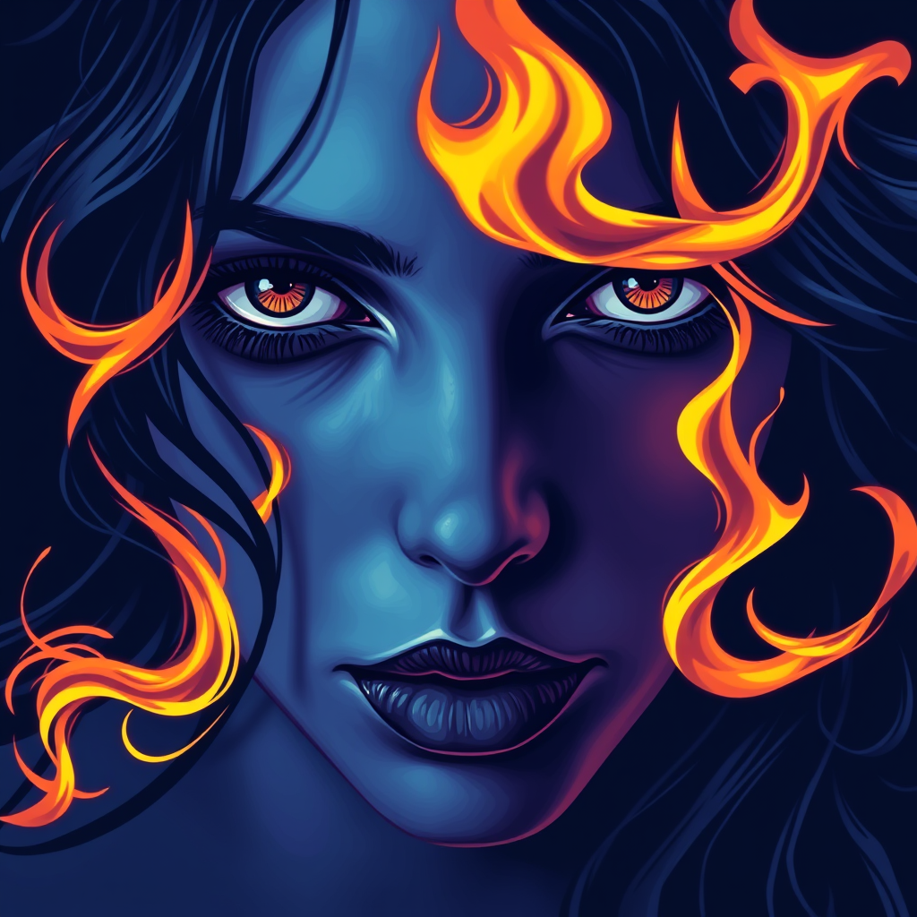 A tee shirt design of a close-up of a woman's face, inspired by the sun. Her expression is deep and soulful, reflecting both passion and sadness. Her eyes are intense and filled with emotion. The color palette is cool, featuring deep blues and purples, with a hint of warmth in her eyes. Whipping flames accent her face, blending seamlessly into the background, creating a contrast between the cool and warm tones. The overall feel is a harmonious blend of passion and melancholy, embodying the soulful essence of the sun. Transparent background. - Image