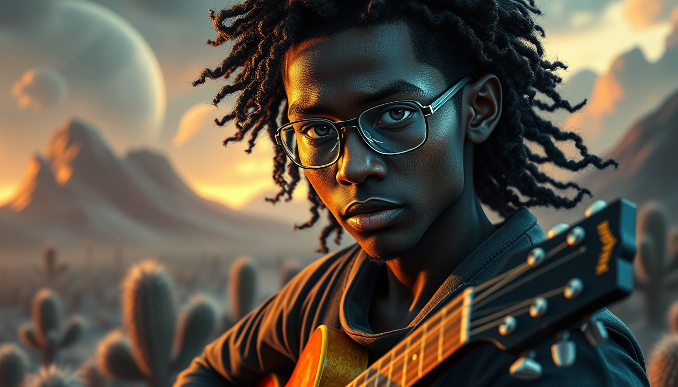 A hyperrealistic fantasy character of a young black man with long curly hair, a thin face, eyeglasses, lightning eyes, carrying an electric guitar, portrait on a windy futuristic storm planet by Daniel F. Gerhartz and Matt Stewart, fantasy, photorealistic, dynamic lighting, handsome face, beautiful drow, perfect features, trending on ArtStation, volumetric lighting, 4K, award-winning by Brian Reedy, a beautiful linocut print of a field of cacti, 8K, Frostbite 3 engine, CryEngine, depth of field, trending on ArtStation, digital art, crepuscular ray. - Image