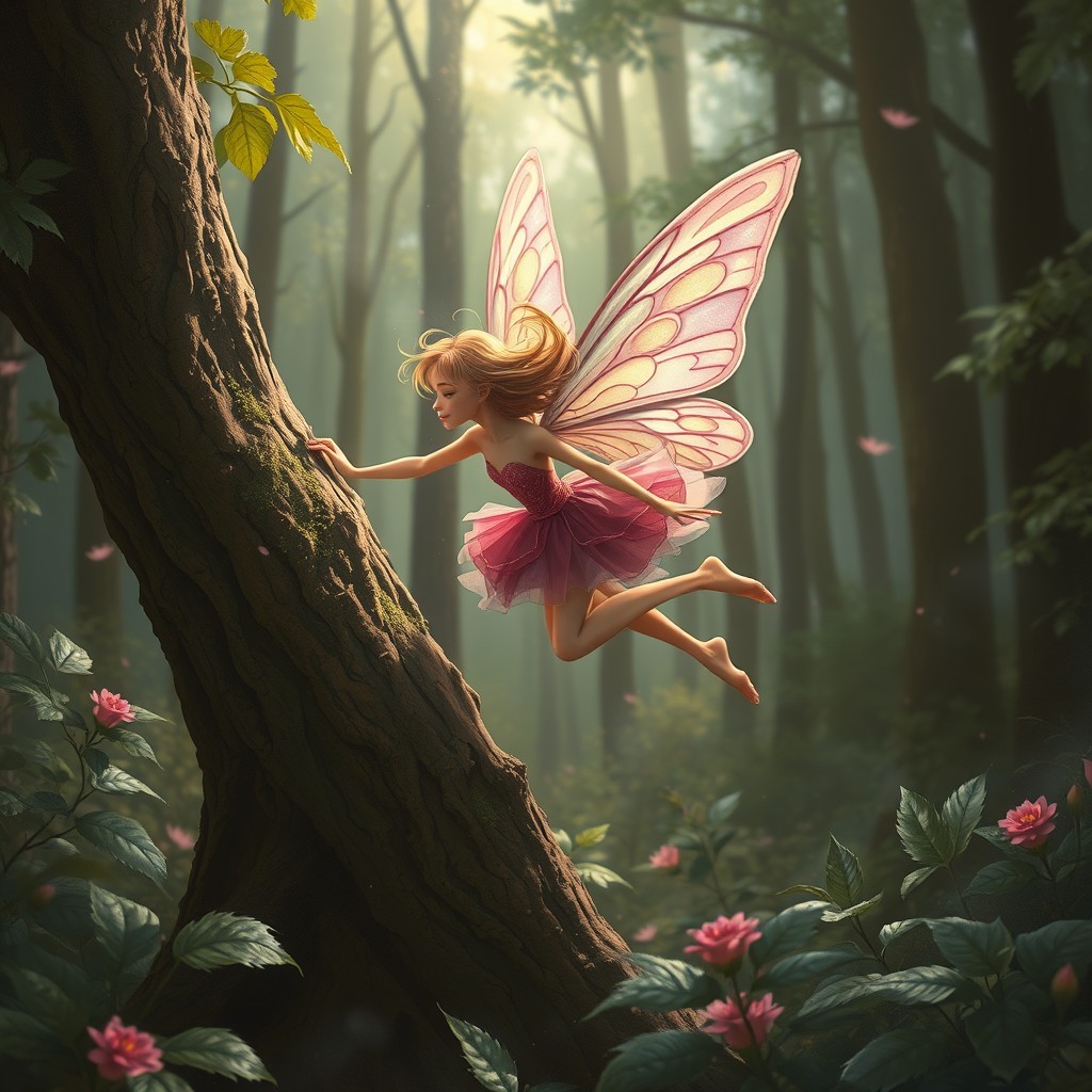 Beautiful fairy flying through the forest, crashing into a tree.