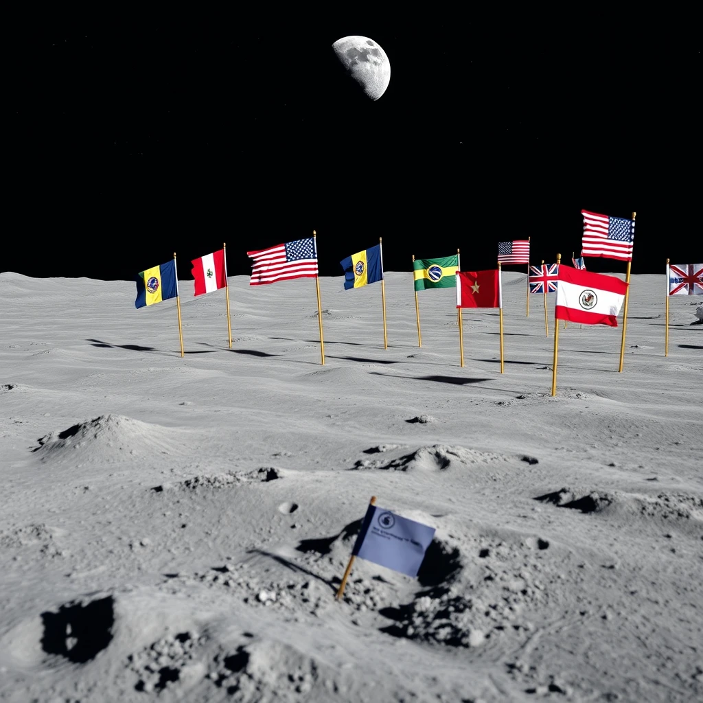 "Logged onto the moon, there are many flags."