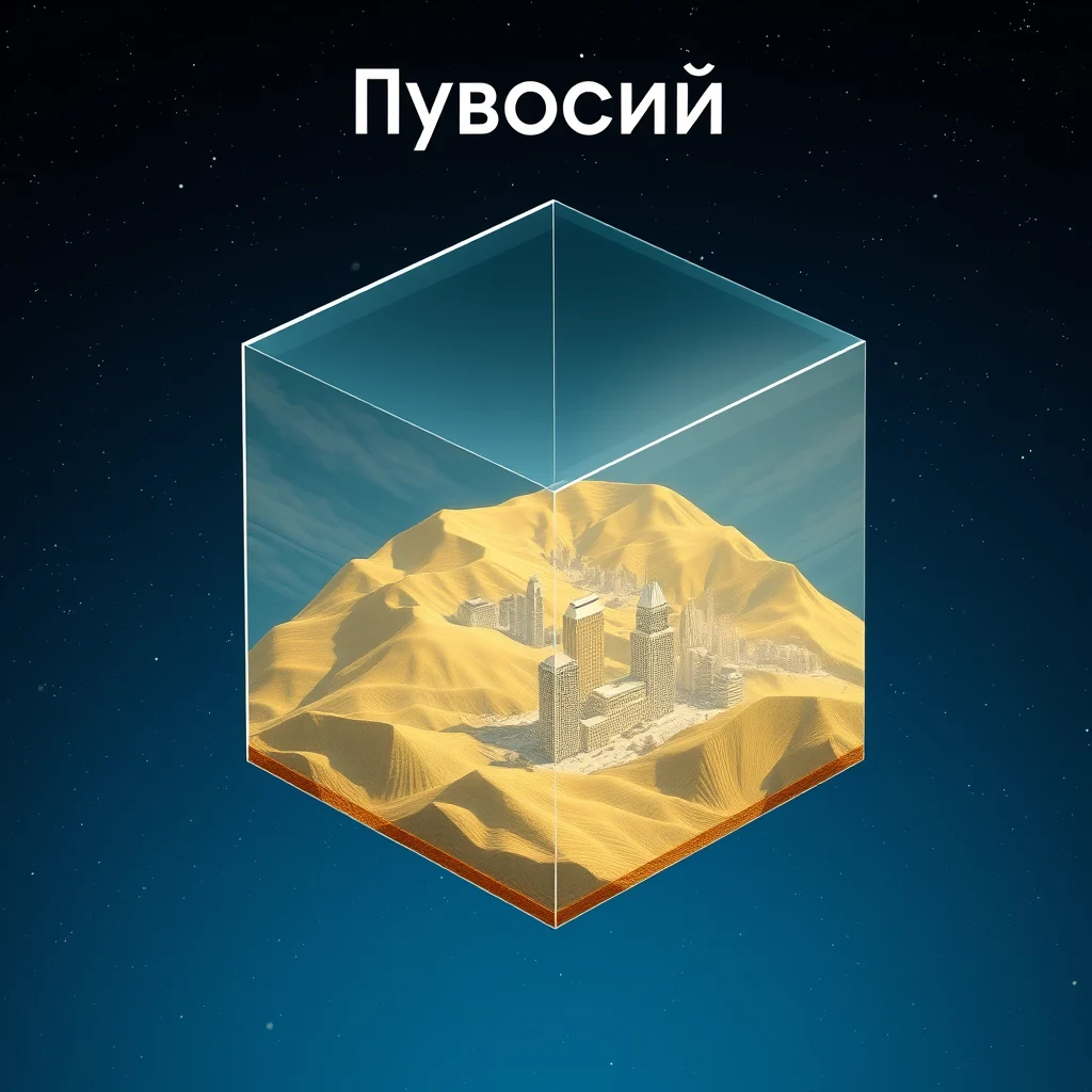 A hyperrealistic, isometric 3D scene featuring a transparent glass cube suspended in a deep, cosmic blue space filled with subtle, shimmering particles. Inside the cube, a meticulously detailed golden landscape unfolds with rolling hills, intricate valleys, and a hidden metropolis of gleaming skyscrapers. The cityscape should have a futuristic, minimalist aesthetic, with clean lines and reflective surfaces. The overall atmosphere is one of serene isolation and technological wonder. Include Cyrillic text in a modern, sans-serif font at the top of the image, appearing as if projected onto the glass cube. - Image