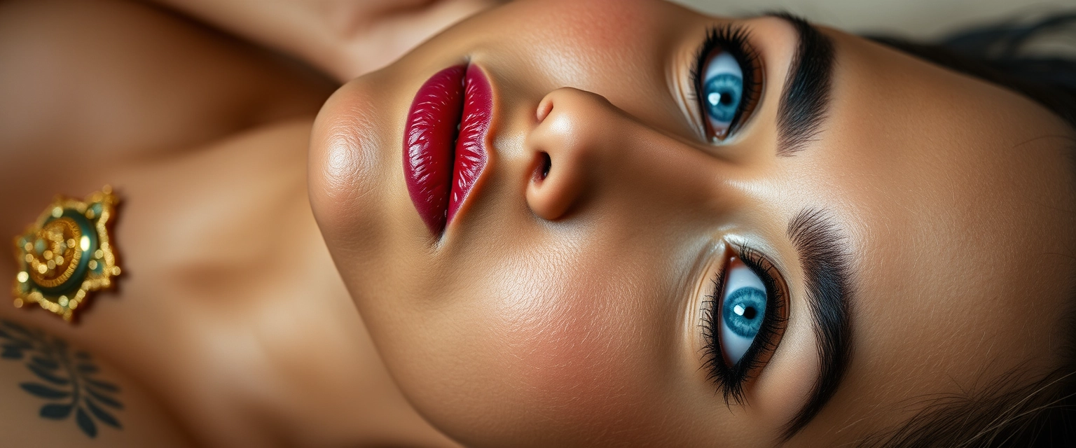 Close-up shot of the tattooed body of a light-skinned Indian-Korean woman with beautiful facial features and a defined jawline, blue eyes, wearing gold ornaments, looking upwards while lying down on her side.