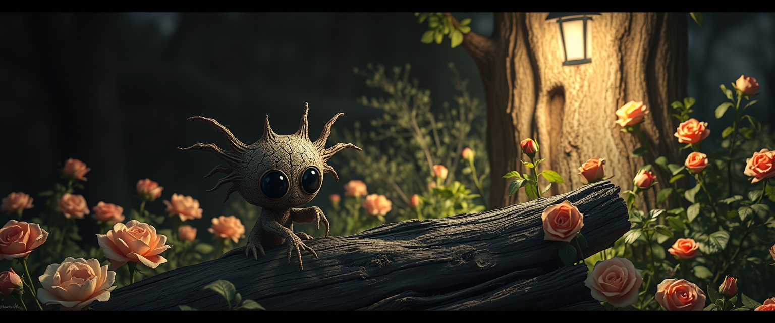 Little cute cracked wood alien void creature, charred, long wooden petals and mud, sitting on top of a log, lush garden, roses, lurking behind tree, ultra large black dot eyes, night scene, backlit, by [Alexander Archipienko, Wendell Castle, Picasso], fantasy art, abstract, surreal.