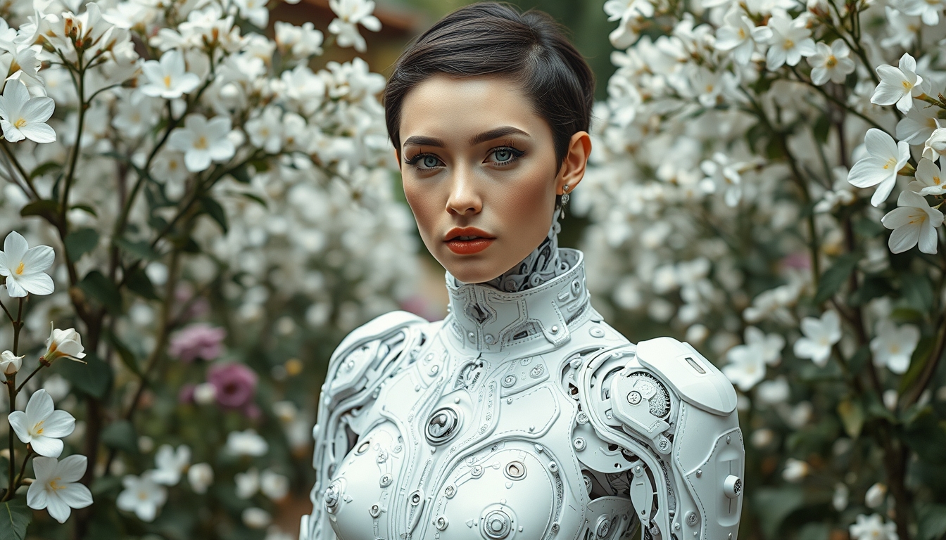 An interpretation of a cyborg white brunette European woman (brunette short hair) wearing a white and transparent electronic suit made of electronic white pieces intertwined with white flowers and lace, in the middle of a futuristic Renaissance Italian garden, in the style of mechanical realism, human connections, mythological subjects, Cybelem mythological figure, painting like Giovanni Bellini --chaos 10 --ar 16:9 --stylize 150.