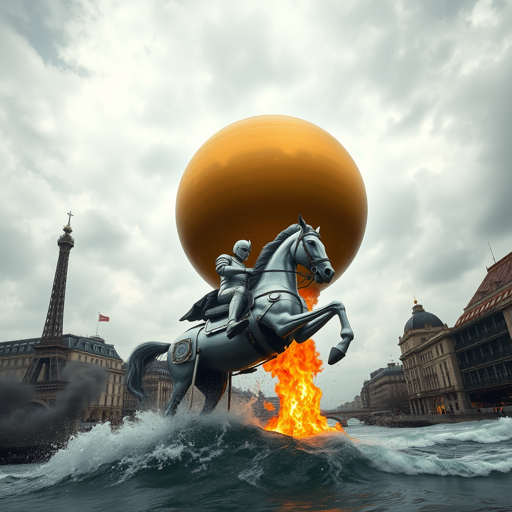 Low angle shot of a monumental giant perfect smooth gold sphere with a fiber texture flying above in the sky, elevated by a giant flame beneath it like a hot air balloon, floating over vintage Paris in the style of the 1900 Universal Exhibition, with a retro-futuristic aesthetic. Giant waves flood the city as a mechanical knight of the apocalypse rides a silver mechanical horse with silver armor, proudly emerging from the Seine, galloping and slicing through the water under a stormy sky, invoking themes of doomsday and apocalypse, combined with steampunk elements. There is backlighting, mist, fire embers, and a pop-rock fluo collage of sci-fi steampunk machinery with extra dust particles, cloud rendering, and paper art, inspired by Méliès and Jules Verne.