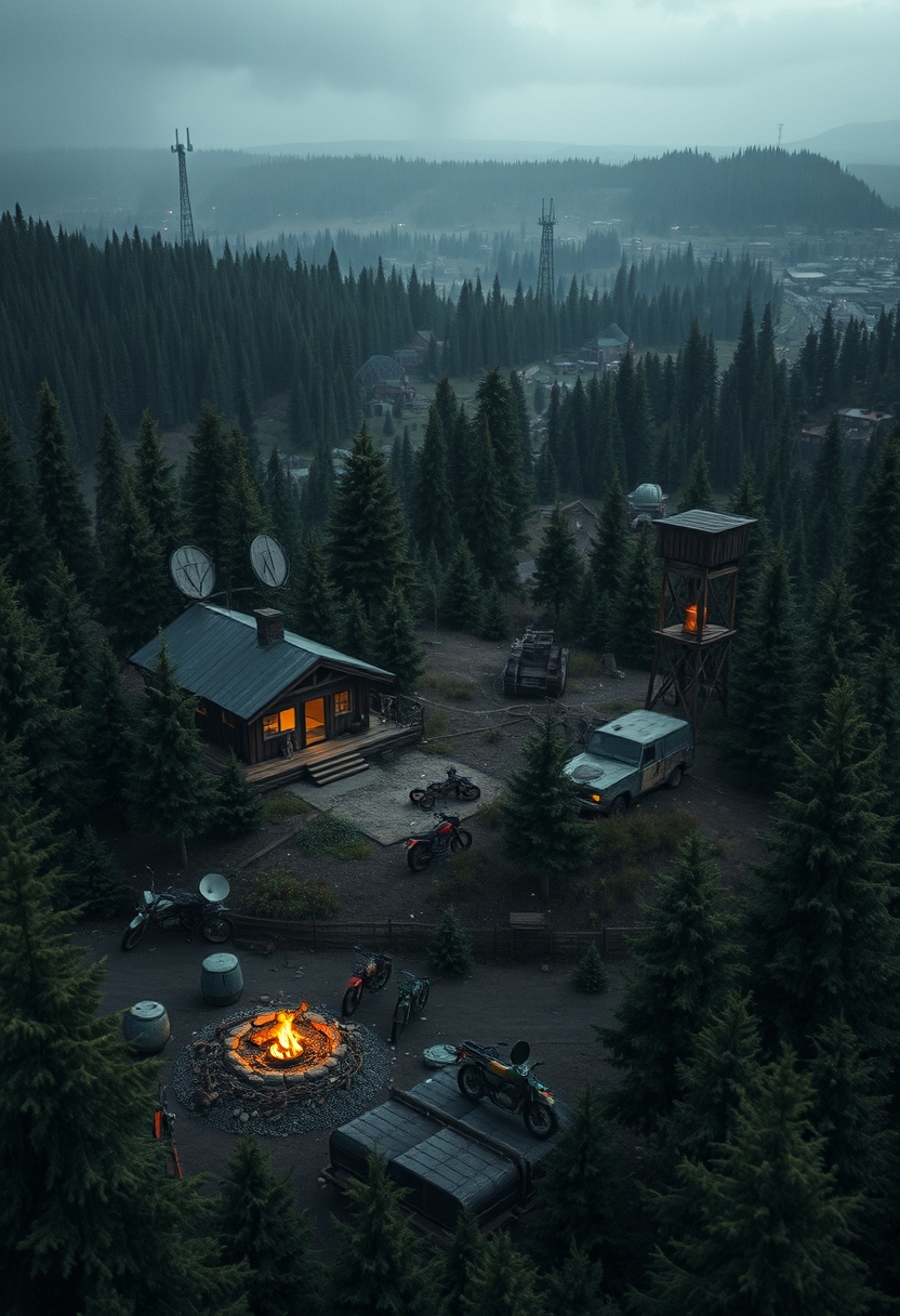 Photo realistic drone shot in a thick evergreen forest of a wooden outpost next to a cabin, a small campfire, a pile of rusty parts, some old motorbikes, an old armored vehicle, a wooden watchtower all on a large hill with satellite dishes next to a radio tower, all in a hilly landscape. There are yellow, orange, red and faint green glows emitting from the cabin and the outpost. In the distance, there’s an old overgrown town with brick buildings that's barely visible, with only faint glows emitting from a few of the windows and a small campfire barely visible. Sprinkled in the distance are small and slightly hidden outposts, old structures, radio towers, shacks, and watchtowers. The entire landscape is covered in a jungle of tall evergreen trees, with occasional wet gravel and rich dirt roads winding through. The weather is warm, rainy, and cozy under a cloudy sky with a post-apocalyptic atmosphere and retro liminal feeling to it. - Image