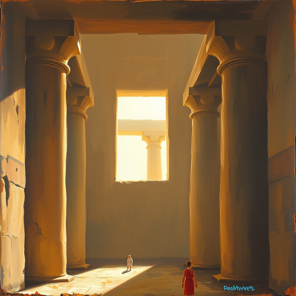 An old oil painting of an Egyptian temple. Inside. Temple window. Sunlight. View from the side. - Image