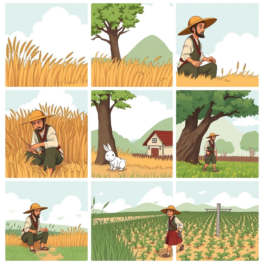 The image style is "cyberpunk," featuring an ancient farmer in a nine-grid layout. Each grid's size is 9:16. The characters in each scene will all use the same farmer, ensuring that the face shape and clothing remain consistent throughout. In the first panel, the farmer is harvesting wheat. In the second panel, the farmer is sitting under a tree, with a rabbit rushing to the tree. In the third panel, a rabbit is in the farmer's hand. In the fourth panel, the farmer is walking toward a house. In the fifth panel, the farmer sits under the tree. In the sixth panel, the farmer sighs while sitting under the tree. In the seventh panel, the farmer stares blankly at the sky. In the eighth panel, the crops have withered. In the ninth panel, the farmer is planting seeds in the field.