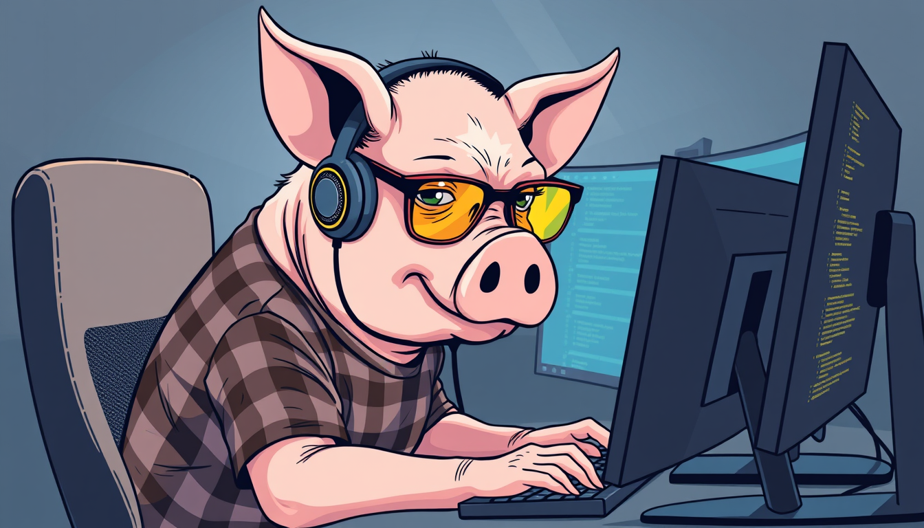 A tech-savvy pig coder, wearing yellow-tinted glasses and sleek noise-cancelling headphones, hunches over a cutting-edge multi-monitor setup. The anthropomorphic pig exudes focus, typing furiously while wearing a plaid t-shirt.