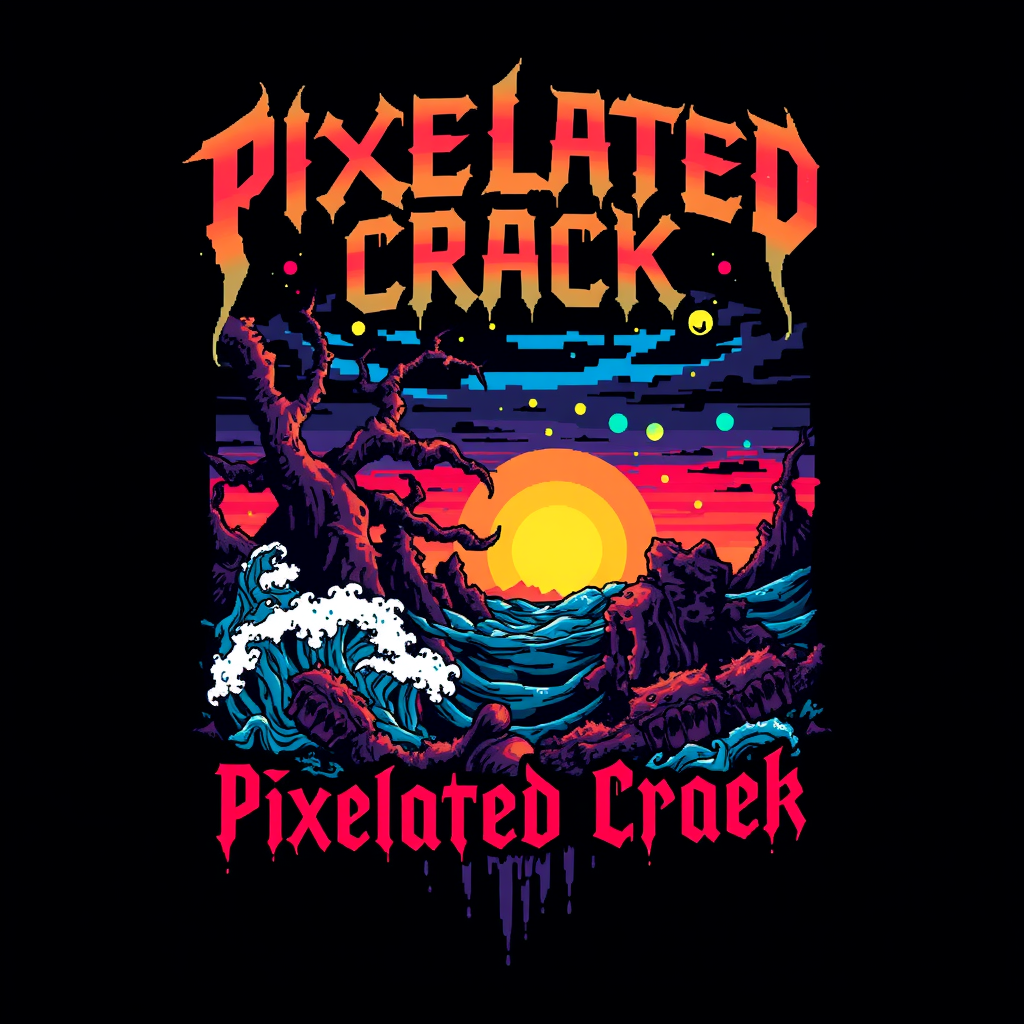 T-shirt design featuring a blocky, colorful 8-bit style of death metal blended with chiptune. The visual should be unique and striking, yet macabre while incorporating elements of beauty. The band name is "Pixelated Crack," accompanied by a scene inspired by the deep sea.