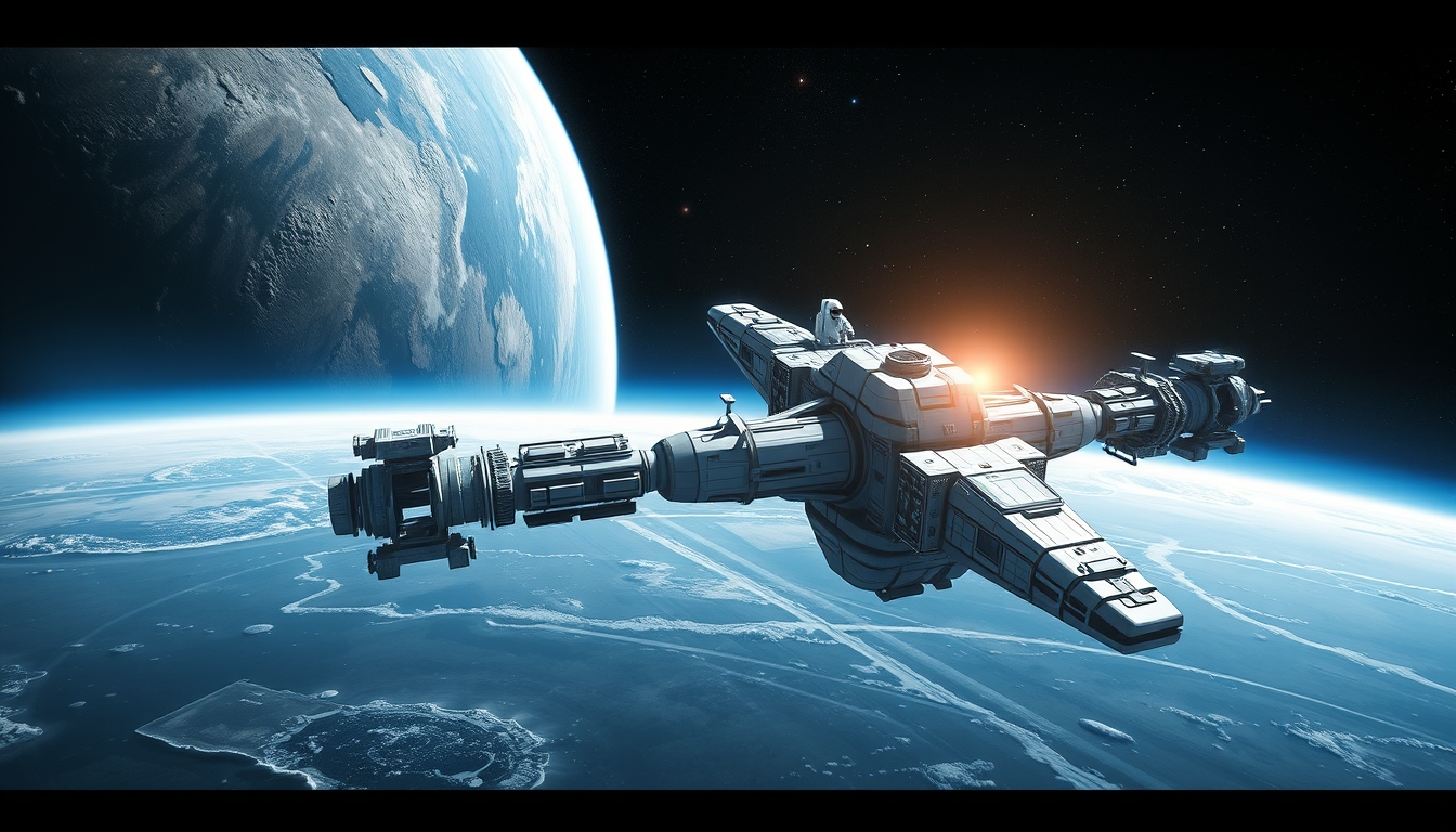 A high-detail render of a futuristic space station orbiting a distant planet, with astronauts conducting a spacewalk and distant galaxies in the background.